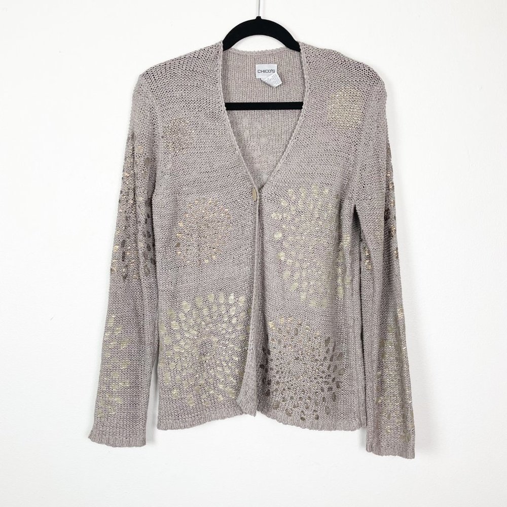 Chico's Sz 2/ US Sz L Bronze Single Button Front Open Knit Cardigan Sweater‎